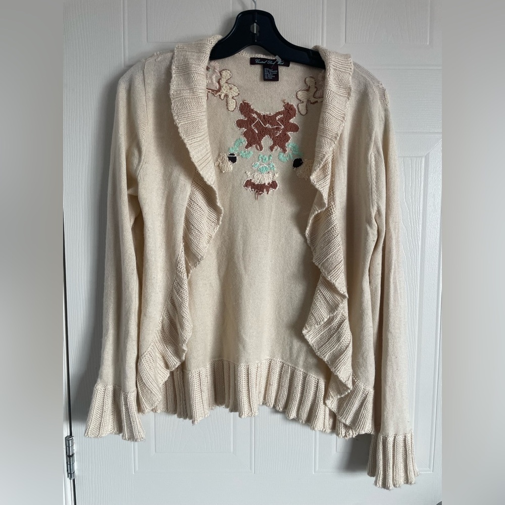 Cream Silk Cashmere Cardigan Embroidered Size L Romantic Classic Style - Picture 2 of 11